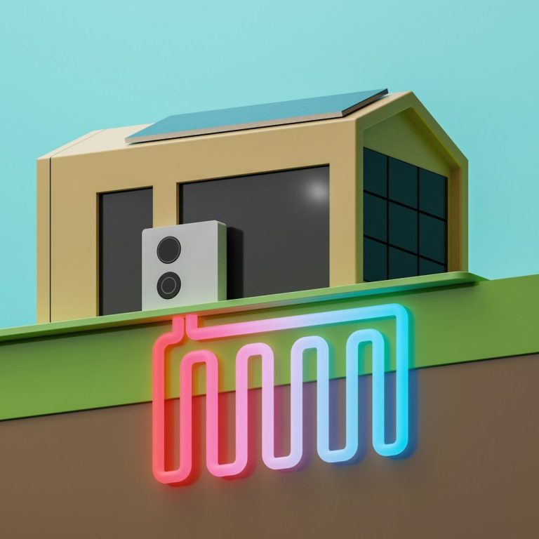 Moderne Gebäude mit Solarpanel und stilisierter roter und blauer Neon-Beleuchtung.